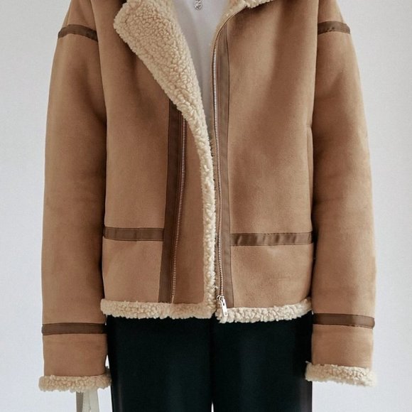 khaki zip up teddy lined coat casual streetwear fall winter - Picture 7 of 8